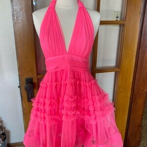 Hot Pink Halter Ruffle Party Dress - Unbranded